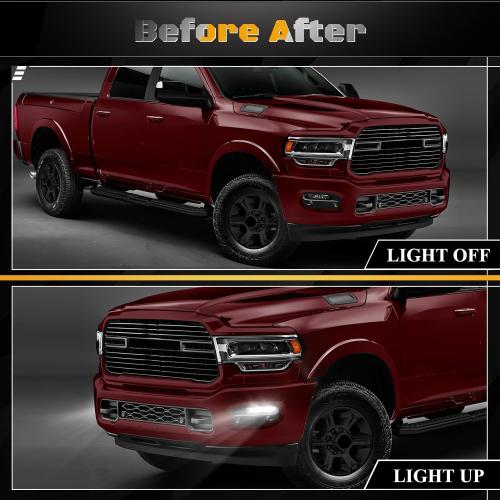 FICOLPOLed Fog Lights Assembly for 2019 2020 2021 2022 2023 2024 Dodge Ram 2500 3500 Pickup - Bumper Driving Fog Lamps OEM Replacement with Bracket, Bezels, Switch, Harness (White)