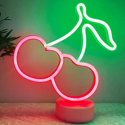 Cherry Neon Sign Lights LED Lamp Cherry Decor Birthday Party Decorations, Green Red Accessories for Women Fruit Gifts, USB/Battery Operated Neon Sign for Table Decor Room Home Girls Bedroom