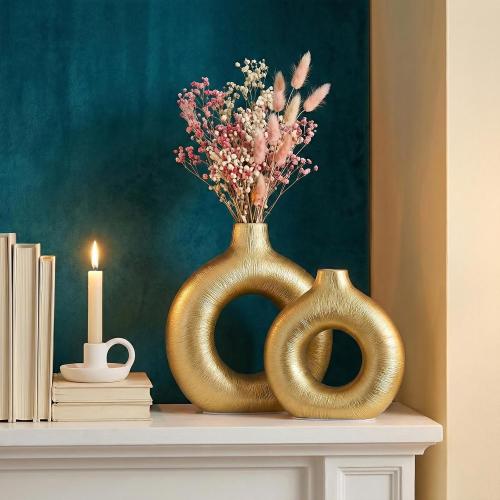 Gold Vase Decor Donut Vase Set of 2 - Circle Hollow Vases, Modern Matte Ceramic Vases for Entryway Living Room Bedroom Dining Table Centerpiece Office Home Decor