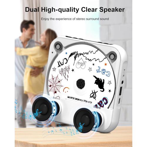 CD Player Portable with Dual Stereo Speakers, Rechargeable Portable CD Player with Bluetooth for Home with Headphones, Support CD/AUX/USB, White