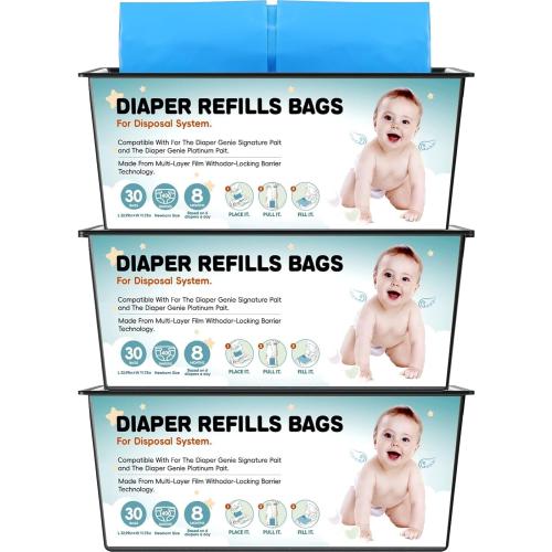 Diaper Pail Refills Bags with 30 Bags Compatible with For Genie Easy Roll Signature and Platinum Diaper Pails, 7-Layer Odor-Barrier Technology, 1 Pack (3 Pack)