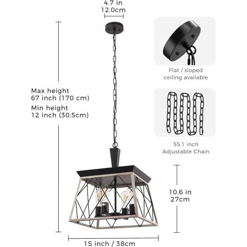 DORESshop 4-Light Rustic Farmhouse Chandelier for Dining Room, 15 Black and Rust Dining Room Light Fixtures, Adjustable Hanging Vintage Trapezoidal Grid Light Fixture for Kitchen Island, E26 Base
