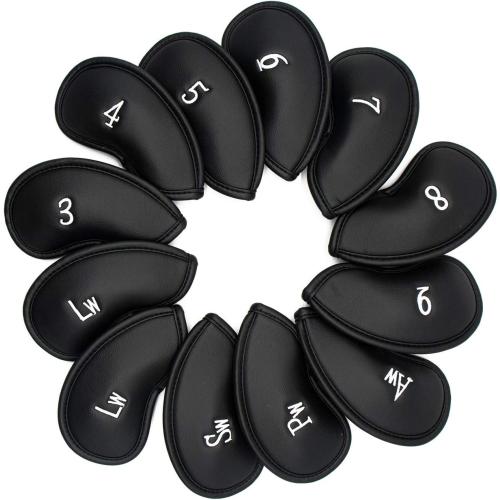 12pcs Golf Iron Head Covers - Thick Synthetic Leather Golf Club Headcover Set Fit All Brands by KUWAN (Black)