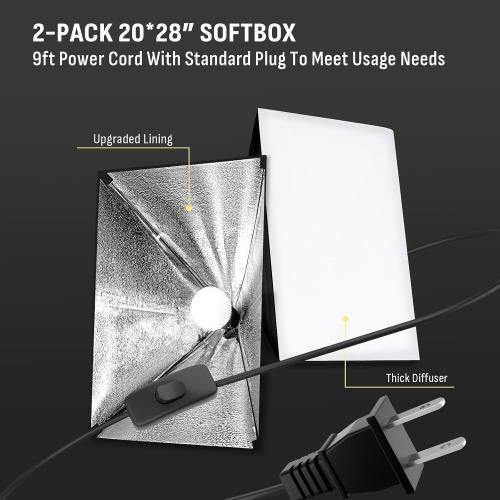 NiceVeedi 85W Photography Lighting, 2-Pack 20'' x 28'' Professional Softbox Lighting Kit with 53'' Boom Arm & 91'' Tripod Stand, Remote Control, Studio Lights for Live Streaming/Portrait/Photography