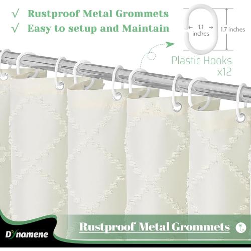 Dynamene Extra Long Shower Curtains, 84 Inches Long Boho Tufted Geometric Striped Fabric Shower Curtains for Bathroom, Tall Shabby Chic Waterproof Cloth Shower Curtain Set with Hooks, Cream, 72x84