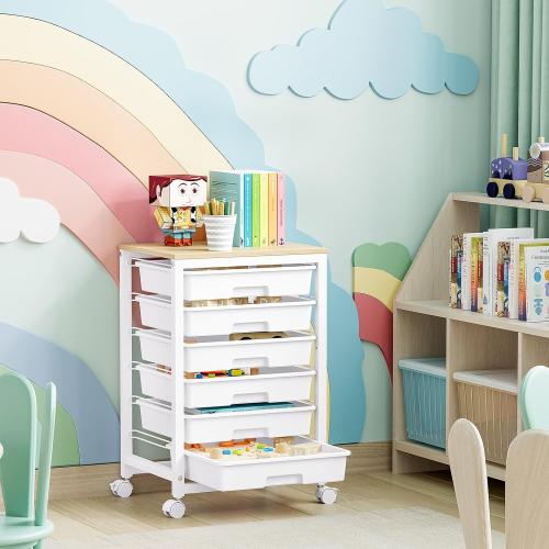 Rolling Storage Utility Cart with 6 Drawers and Wooden Tabletop for Under Desk Storage,White