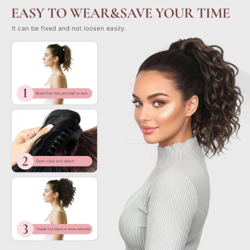 12 Inch Curly Ponytail Extension - Clip in Ponytail Hair Extensions, Natural Claw Clip Ponytail Extension, Synthetic Clip on Ponytails for Women (Color: Chestnut Brown with Blonde Highlights)