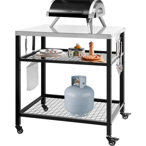 Stainless Steel Outdoor Grill Cart Pizza Oven Stand Trolley Table with Wheels Three-Shelf Movable Food Prep and Work Table Heavy Duty Grill Carts Outdoor Cart 31.5×24×35.5