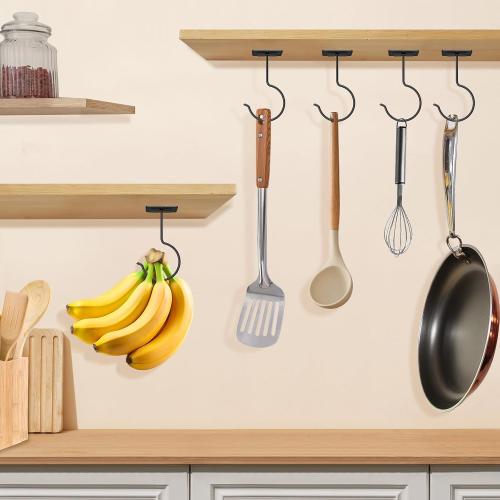 2 Pcs Banana Hook, Under Cabinet Foldable Banana Hanger | Black Self-Adhesive Under Cabinet Foldable Metal Banana Hanger, Banana Hook Holder to Keep Bananas Fresh, Save Space