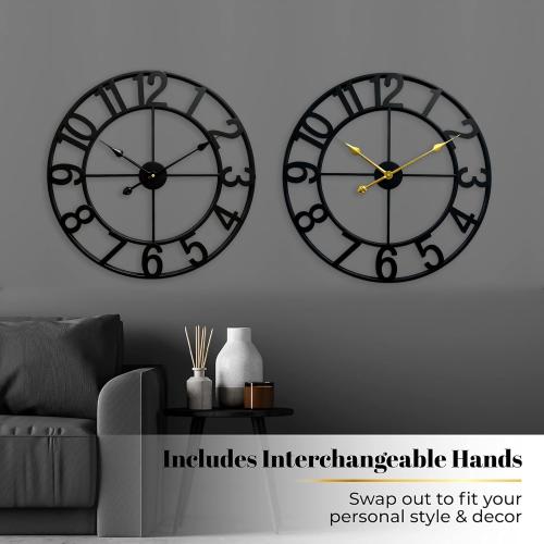 CLXEAST 24 Inch Wall Clocks for Living Room Decor, Large Black Metal Wall Clock Battery Operated, Silent/Non Ticking, Regular Arabic Numeral