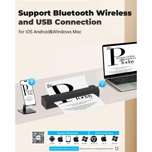 Portable Printer Wireless for Travel, D80 Thermal Printer, Inkless Printers, Compatible with iOS, Android, Laptop, Supports 8.5 x 11 US Letter & A4 & A5 for Home Use, Office, Vehicles, Black