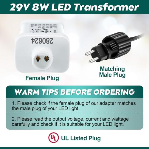 Enhon 29V LED Power Supply, UL Certified Transformer Replacement, Class 2 Power Supply, Low Voltage Transformer US Plug Adapter for Christmas Tree Light LED String Light, White (TS-8W29V)