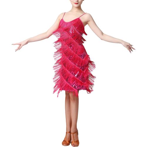 Size S...Women Salsa Latin Dance Dress Sequin Tassel Fringe Flapper Dress 1920s Gatsby Cocktail Dress Tango Ballroom Dancing Costume