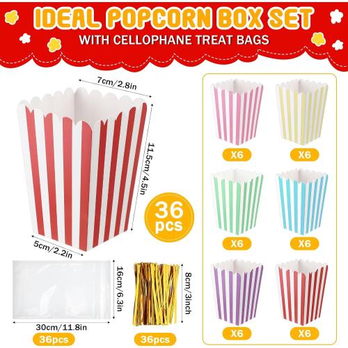 Gueevin 36 Sets Mini Popcorn Boxes and Clear Treat Bag Set