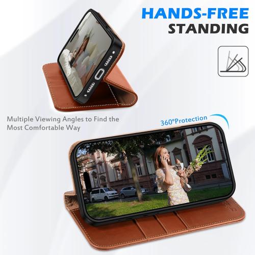 SHIELDON Genuine Leather Wallet Case for iPhone 17 Pro 6.3 2025 | Flip Cover | Magnetic Closure | RFID Blocking Credit Card Holder | Kickstand | Shockproof Phone Cover | Retro Brown