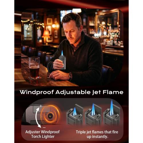 6-in-1 Torch Lighter with Triple Flame, Built-in V & Straight Tool, Punch, Holder, Draw Enhancer, Windproof & Refillable Butane Torch Lighters, Cool Lighters with Gift Box for Men, Candle, Outdoors