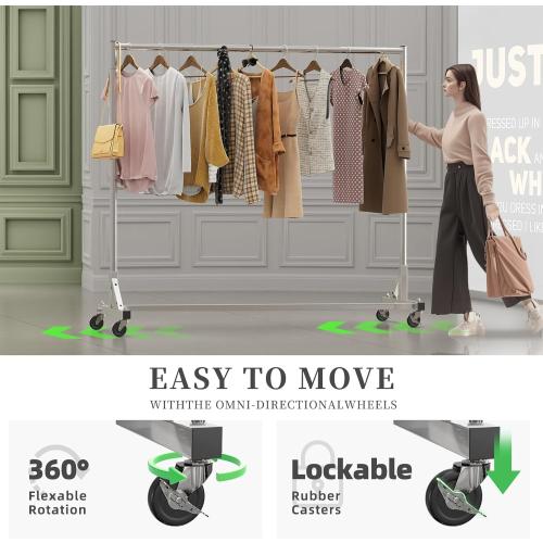 Simple Trending Industrial Grade Z Base 70in extra long Clothes Garment Rack, Commercial Grade Rolling Clothing Rack, Heavy Duty 600lb Load with Wheels, Chrome