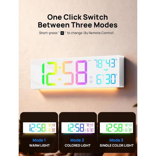 18.5 Large Digital Wall Clock, Big LED Display Clocks with Remote Control, Digital Clock with Night Light, Alarm, Countdown, DST, Temperature for Living Room Bedroom Office, Gift for Seniors (White)