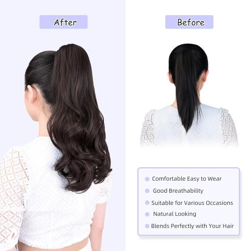 ponytail extension,16 claw clip hair extensions ponytail short curly hair ponytail Extension Natural Looking Synthetic Hairpiece for Women Black brown