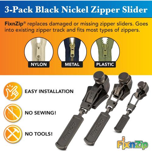 FixnZip (Black Nickel 3 Pack S,M,L) - Universal Zipper Repair Kit for Jackets, Luggage, Bags - Backpack Zipper Replacement Repair Kit - Instant Zipper Fix