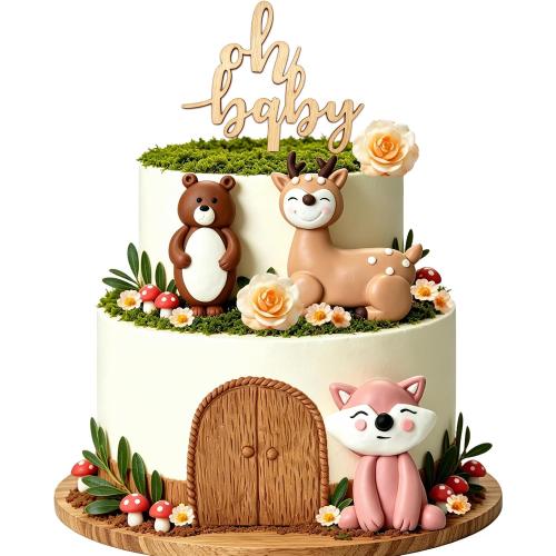 Woodland Animals Cake Toppers, 23Pcs Oh Baby Forest Creatures Cake Decorations with Bear Fox Deer Figurines, Mushrooms Leaves Flowers for Woodland Baby Shower, Wild One 1st Birthday Party Supplies
