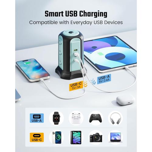 Power Strip Tower Wireless Charger, SUPERDANNY Surge Protector Tower, 10A 1080J Charger Station with 9 Outlets & 4 USB Ports, Extension Cord 10ft for Laptop Phone Black and Blue