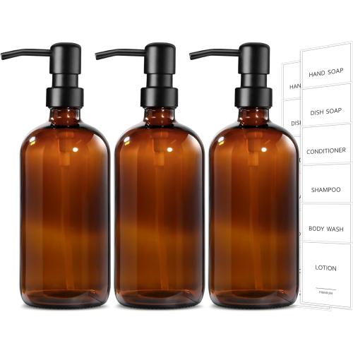 GMISUN Shampoo and Conditioner Dispenser, 3 Pack Amber Glass Bathroom Shampoo Conditioner Body Wash Dispenser with Pump for Shower, 17 Fl Oz Hand Soap Dish Soap and Lotion Dispenser Set for Kitchen