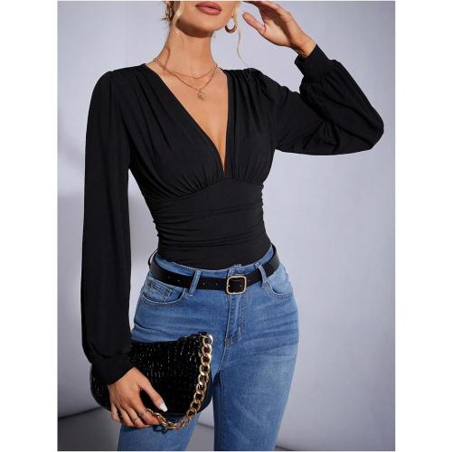 Small SweatyRocks Women's Deep V Neck Long Sleeve Bodysuit Tops Ruched Pleated Leotard Shirts capella
