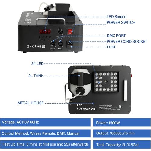 1500W Fog Machine for Halloween, DMX RGB 3 in 1 24 LED Smoke Machine Stage Lighting Vertical Spray with Remote Control