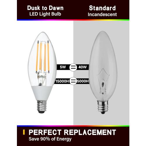 UNILAMP Dusk to Dawn Light Bulbs, Outdoor Candelabra Light Bulbs, 5W Equivalent 40W, 2700K Soft White, 500LM, Edison Vintage Filament E12 Base, Photocell Sensor for Sconces Porch Patio Garage, 6 Pack