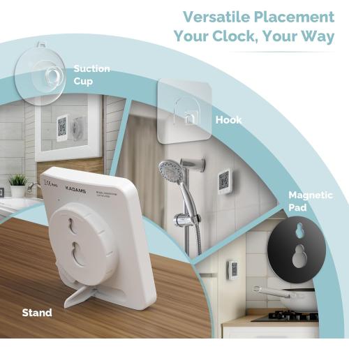 KADAMS Shower Clock Waterproof Bathroom Timer – Digital Wall Clock with Countdown, Magnetic Kitchen Clock with Temperature & Humidity, Suction Cup for Kids Shower Spa Sauna Cook Bath, White