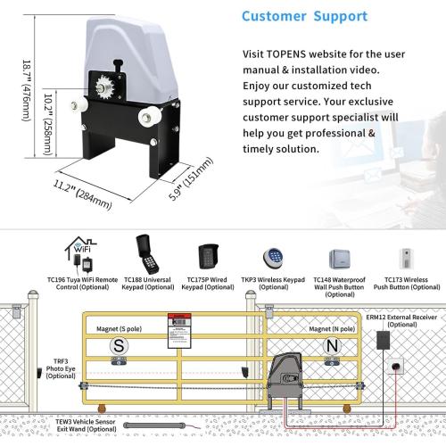 TOPENS CK1100 Automatic Sliding Gate Opener Chain Drive Electric Gate Motor for Heavy Driveway Slide Gate Up to 2800 Pounds, Security Gate Operator AC Powered with 20ft Roller Chain and Remote Control