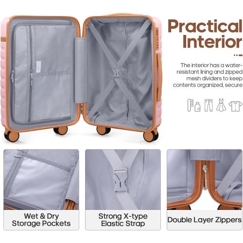 UKEIN Luggage Sets 3 Piece, Carry On Luggage 20In With Spinner Wheels,PC Hardside Suitcase Set with TSA Lock,Durable Carry On Suitcase With Travel Backpack for Men (Pink, 3 piece set (20inch))