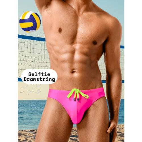 Mens Large Pink Swim Briefs Underwear, Neon Drawstring Bikini Swimwear Pool Party, Micro Thong Swimsuit Beach Tan Through