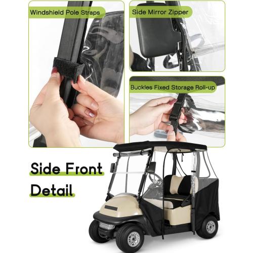 Golf Cart Enclosure 2 Passenger for Club Car Precedent Tempo Onward 2-Person Seaters 600D Waterproof Transparent Driving Rain Cover with 4-Sided Clear Windows Mirror Zipper Roll-Up Door Black