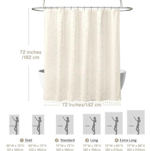 Cream Boho Woven Fabric Shower Curtain, 72 x 72 Tufted Chevron Textured Striped Modern Farmhouse Minimalist Cloth Curtain for Bathroom