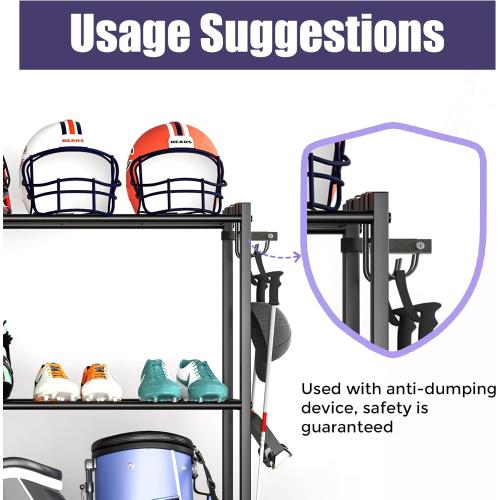 Sports Equipment Organizer, Heavy Duty Golf Bags Stand, Extra Large Ball Storage Rack for Garage, Sports Gear Storage with Basket and Hooks, Black