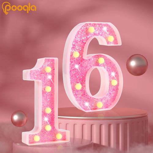 Pooqla Marquee Numbers Lights, light up Numbers Battery Powered, Glitter Lighted Numbers for Girls 1st Birthday Party, Shiny LED Numbers for Christmas Wedding Home Bar Decoration, Pink Number 1