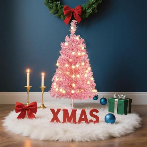 2ft Pink Artificial Christmas Tree,Mini Tabletop Xmas Pine Tree with 80 Branch Tips and Plastic Stand for Indoor and Outdoor Decoration