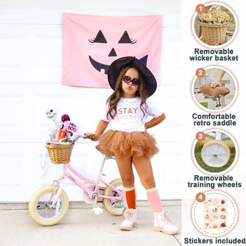 Petimini Vintage Kids Bike for Girls, 12–20 Inch Classic Bicycle with Wicker Basket & Bell, High Tensile Steel Frame, Training Wheels (12–18”), 85% Pre-Assembled, Retro Bike for Outdoor Riding