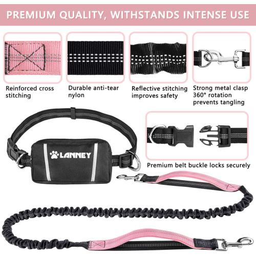 Hands Free Dog Leash Bungee Retractable Dog Running Waist Leash for Running Walking Jogging Training Hiking with Medium to Large Dogs, Adjustable Waist Belt Pouchouch, Reflective Stitches, Dual Handle