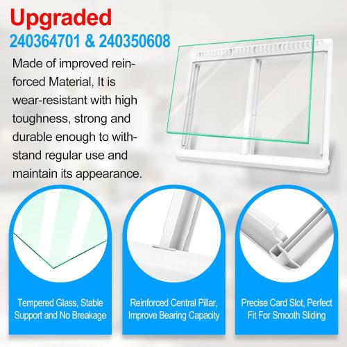 UPGRADED 240364701 Refrigerator Crisper Drawer Cover Frame with 240350608 Crisper Glass Replacement Compatible with Frigidaire Refrigerator Crisper Drawer Replacement, Fridge Crisper Pan Drawer Cover