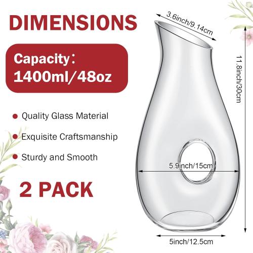 2 Pcs 48 oz Wine Decanter Carafe, Pierced Decanter, Clear Glass Juice Pitcher Jar for Red Wine Beer Water Lovers Gift Wedding Birthday Party Supplies