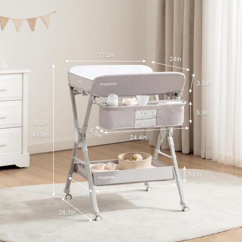 Maydolly Changing Table，Portable Diaper Changing Station, Foldable Baby Changing Table,Compact Nursery Diaper Changing Table for Baby，Adjustable Height，Mobile on Wheels (Grey)