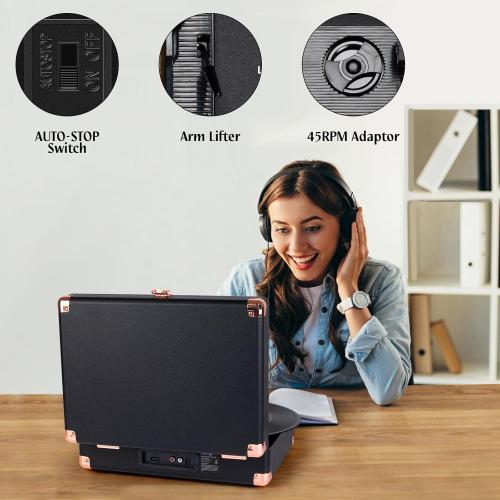 Record Player Wireless Portable Suitcase Vinyl Player with Built-in Speakers Retro Style Record Player for Vinyl Records 3-Speed RCA Line Out AUX in Vintage Turntable Upgrade Black