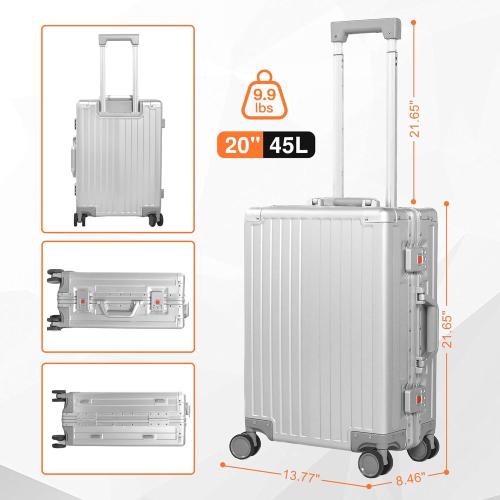 All Aluminum Carry On Luggage 22x14x9 Airline Approved，Hard Shell Carry On Luggage, Zipperless Luggage Aluminum Suitcase Luggage (sliver, 20inch)