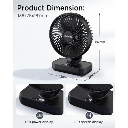 EasyAcc Small Oscillating Fan - 4000mAh, 5-23 Working Time, Rechargeable Desktop Air Circulate Fan with 4 Speed for Home Office