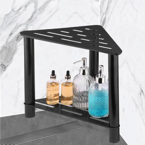 IBosins Shower Stool for Shaving Legs Corner Shower Stool for Inside Shower Small Bench Bath Seat Shower Accesories with Storage Shelf (Black Metal)