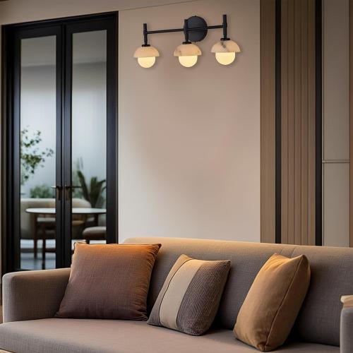 Mid-Century Modern Natural Alabaster Hand-Carved Wall Sconce, 3-Light Vanity Light Fixture Over Mirror with Alabaster Shade, Wall Light for Hallway, Bathroom ( SEE THE PICTURES FOR THE COLOR)