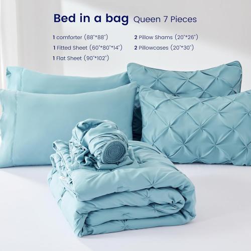 Fluffy Comforter Set, KING 7 Pieces Pinch Pleat Design Bedding Set, Down Alternative Comforter with 2 Pillow Shams, 2 Pillowcases, 1 Flat Sheet, 1 Fitted Sheet (Stone Blue Pinch Pleat, KING)